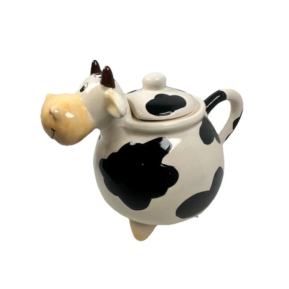 Cute Cow Teapot Ceramic Farm Animal Tea Pot Black White Kitchen Decor New